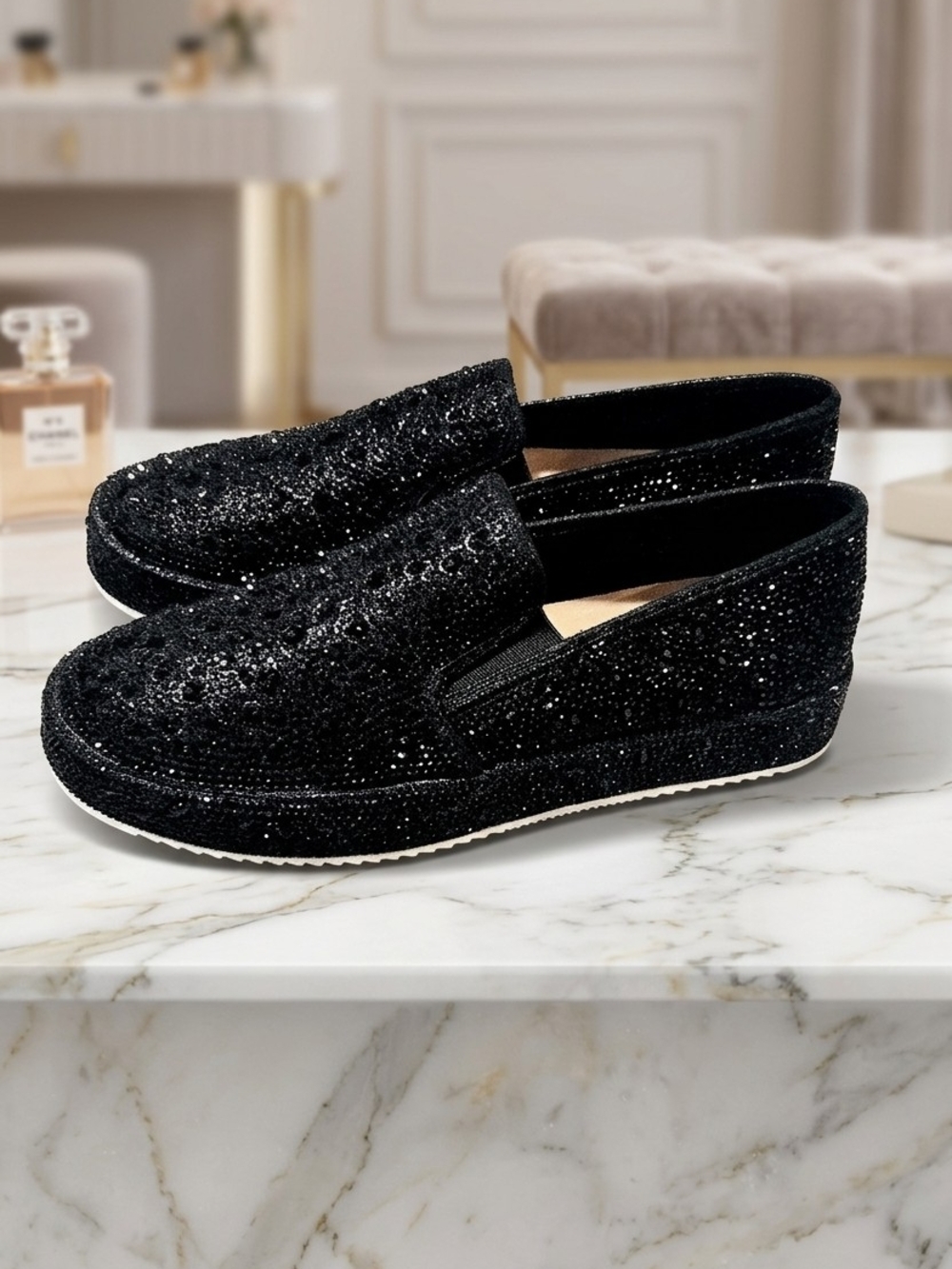 INC International Concepts Black Glitter Slip-On Loafers